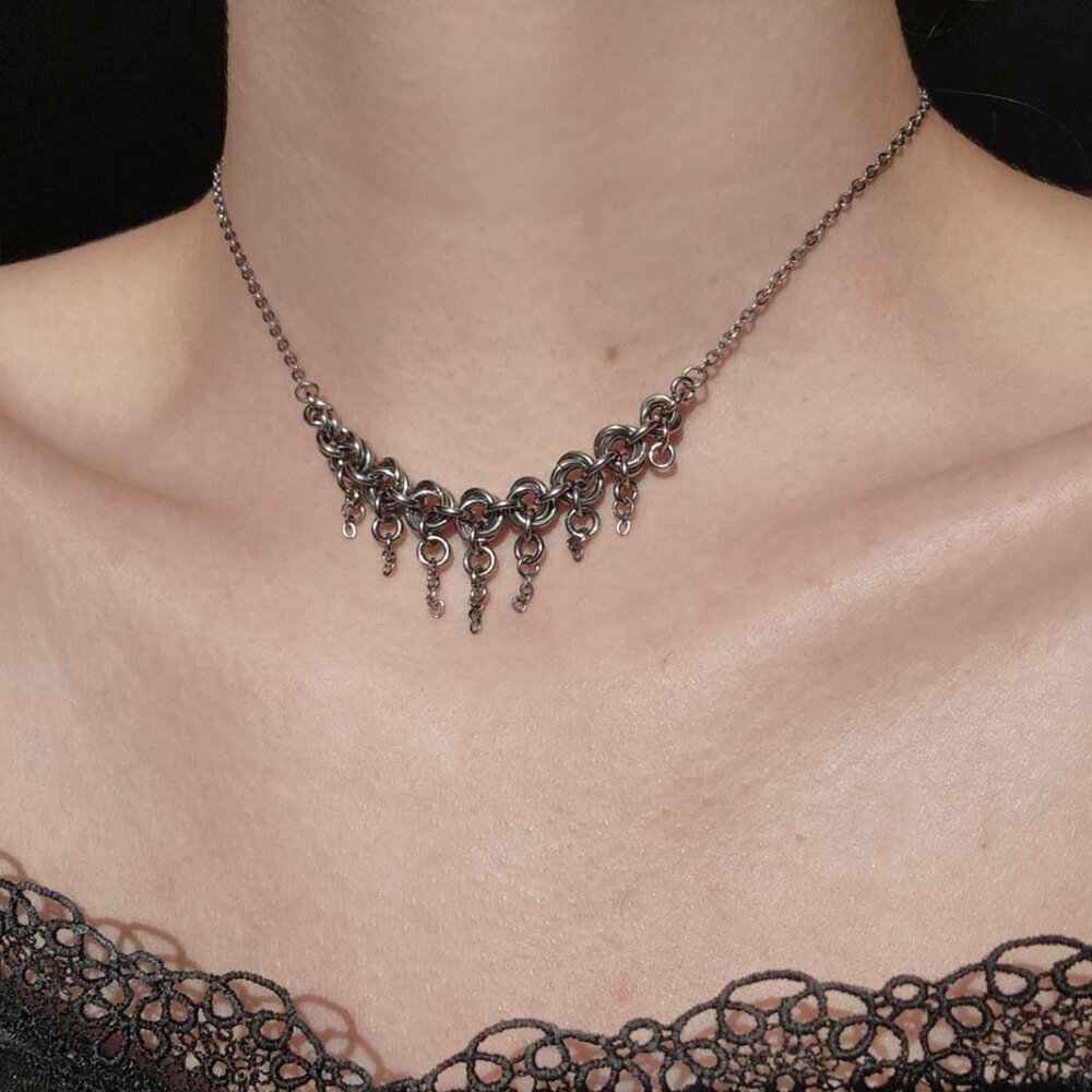 Gothic spiky silver necklace with a small silver chain